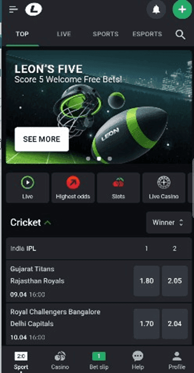 Interface de Leonbet app